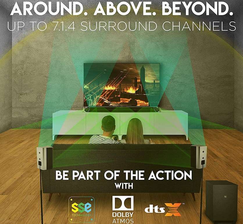 A marketing image for the nakamichi soundbar. Comes with SSE technology, dolby atmos, and dts: X. Be part of the action